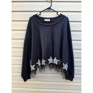 Peach Love California Oversized Sequin Star Fringe Sweatshirt Pullover Large